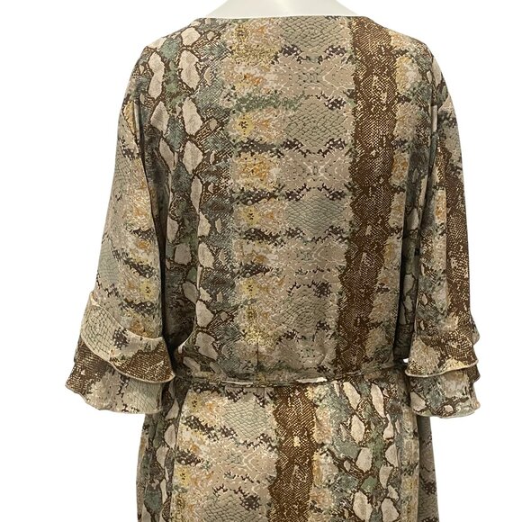 Dex Snakeskin Print V-Neck Ruffled Flutter Sleeve Faux Wrap Midi Dress 1X Earthy - Picture 8 of 11